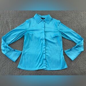 Boston Proper Sophia Button-Up Aqua Blue Blouse Satin Tailored